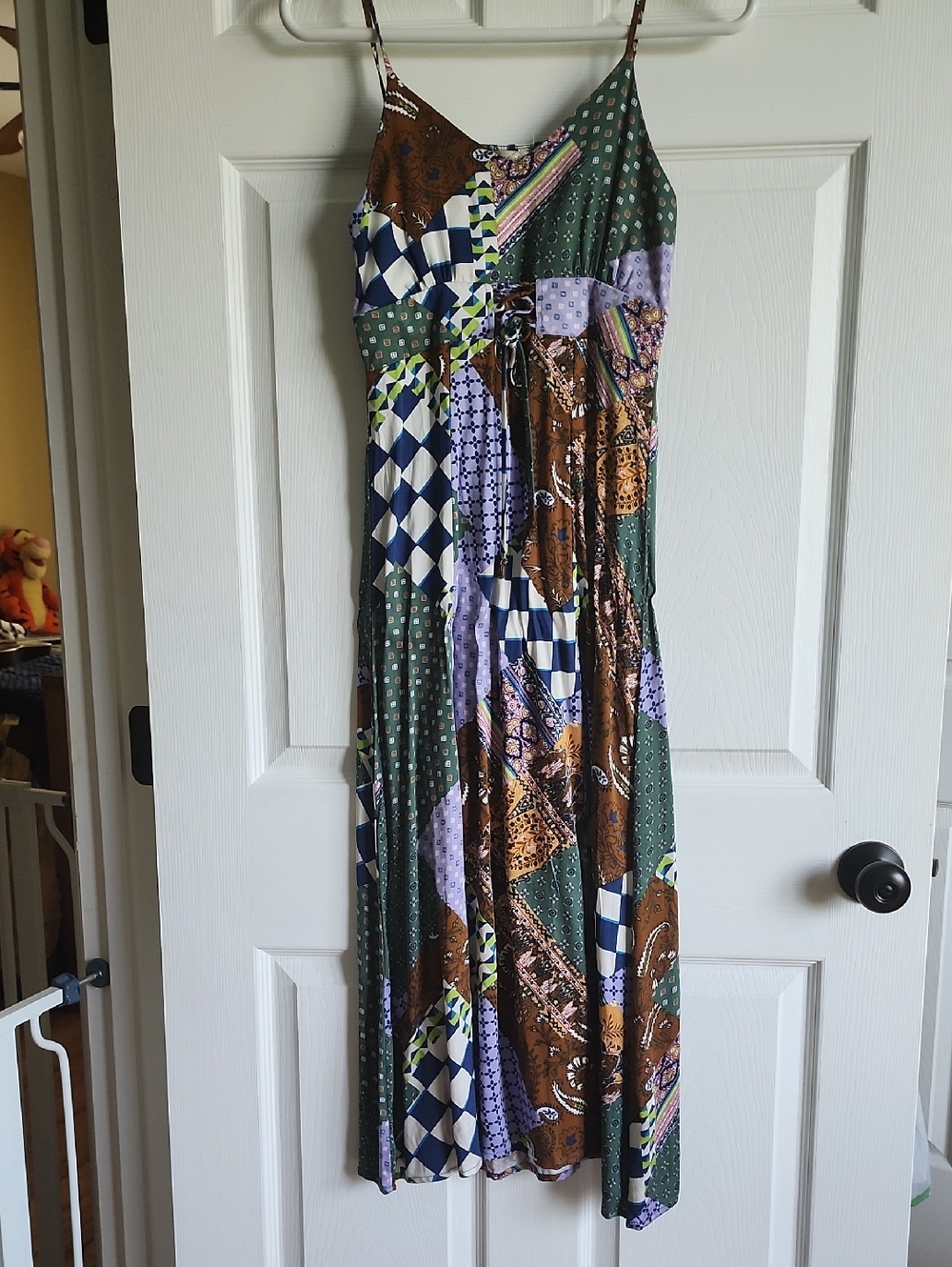 Rewind Patchwork Midi Dress in Green, Brown & Purple